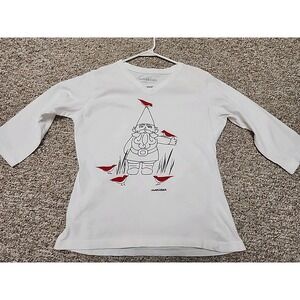 Marushka‎ Gnome Birds Graphic Tee White V-Neck 3/4 Sleeve Hand Painted Medium